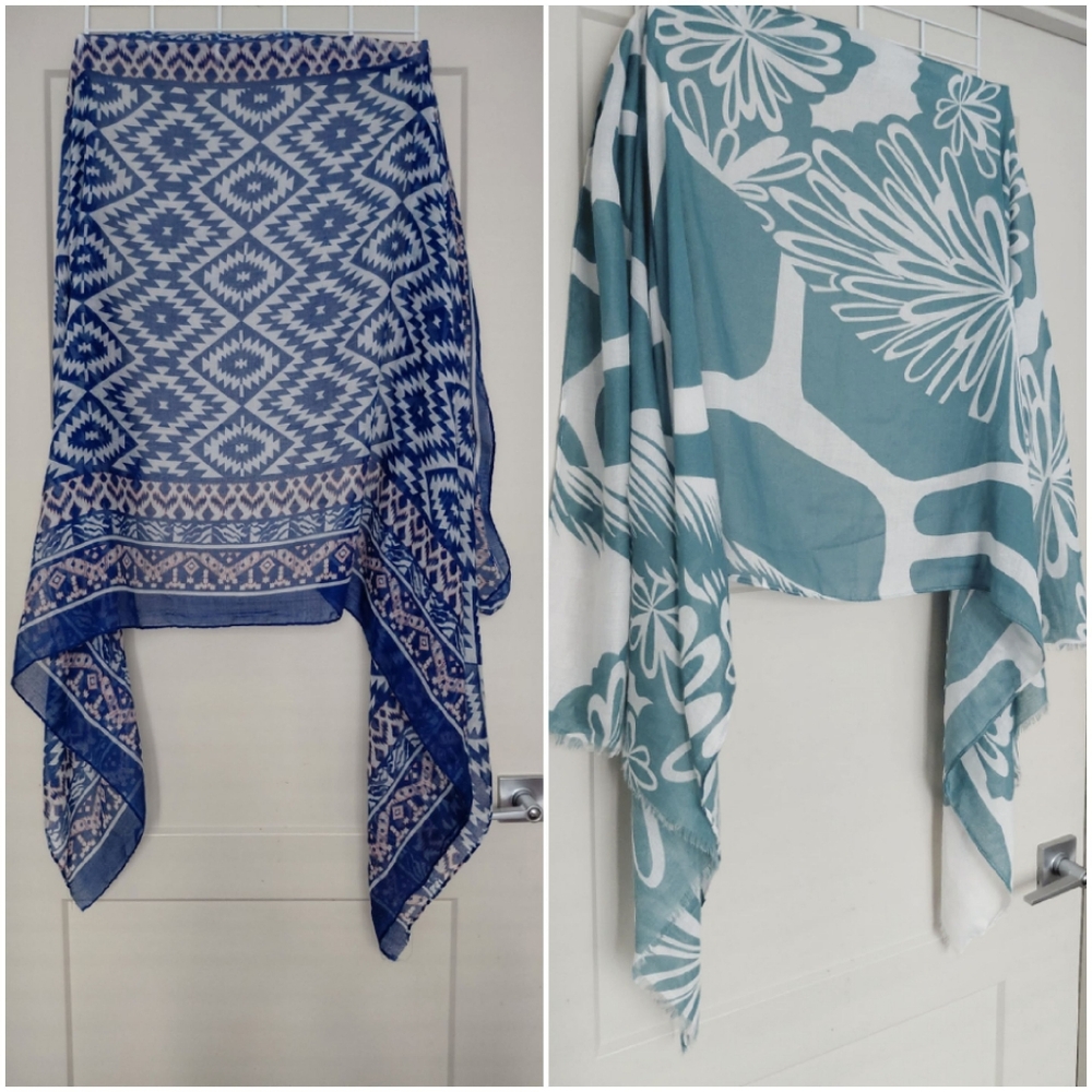 Two Lightweight Blue Patterned Women's Scarf - Floral & Geometric Wrap